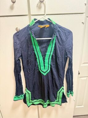 Tory Burch Navy & Green Tunic Top Size 2